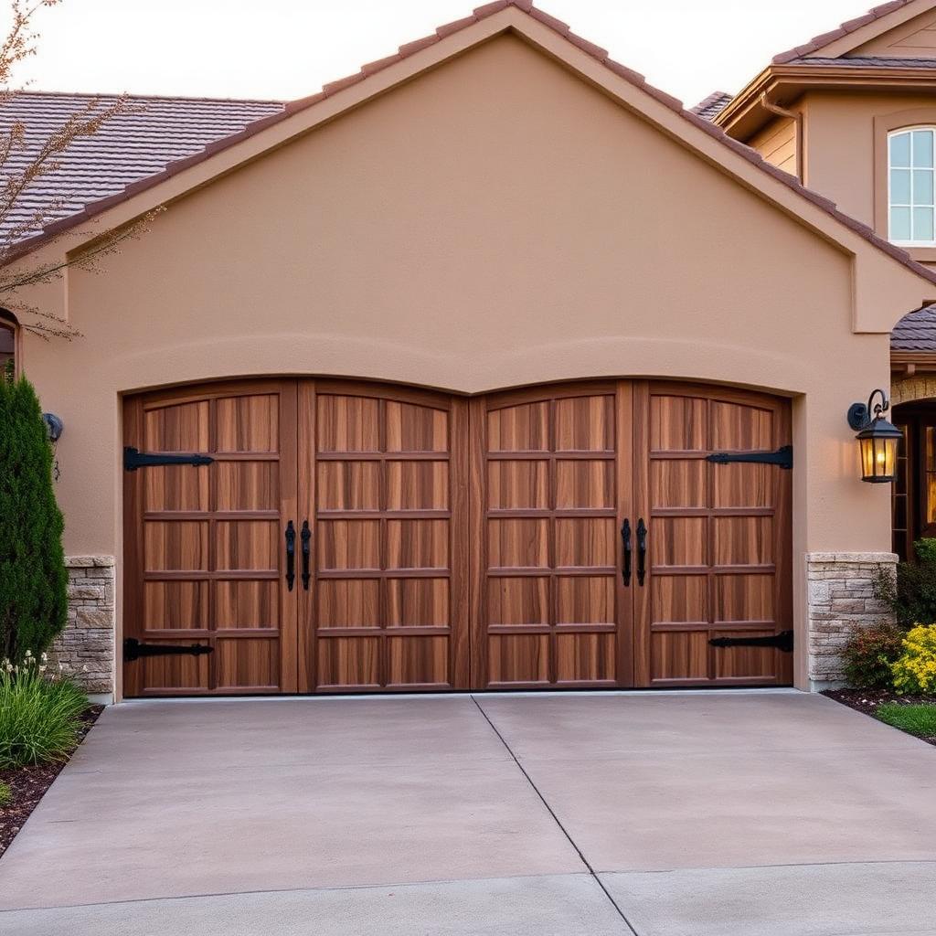 Completed rustic wood grain garage door installation with iron strap hinges
